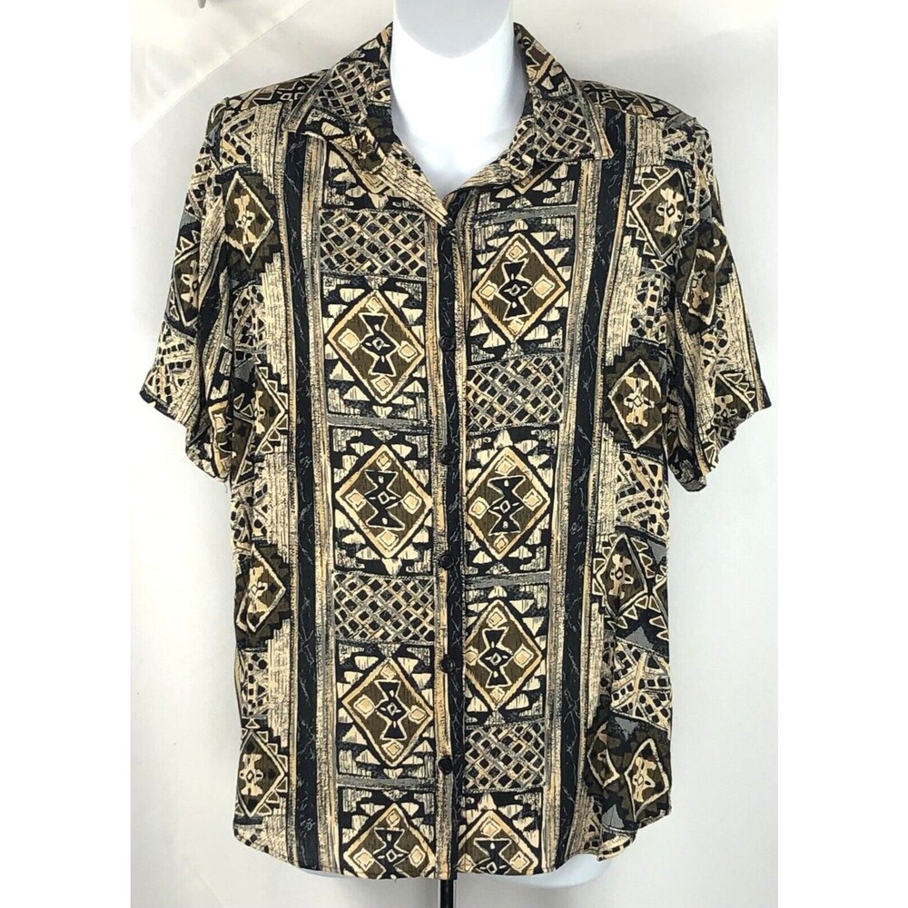 Alfred Dunner Top 6P Brown Geo Button Up Collared Short Sleeve Tribal Aztec boho